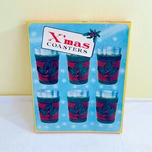 Vintage 60s Knit Terrycloth Holly Christmas Koozies Glasses Japan
